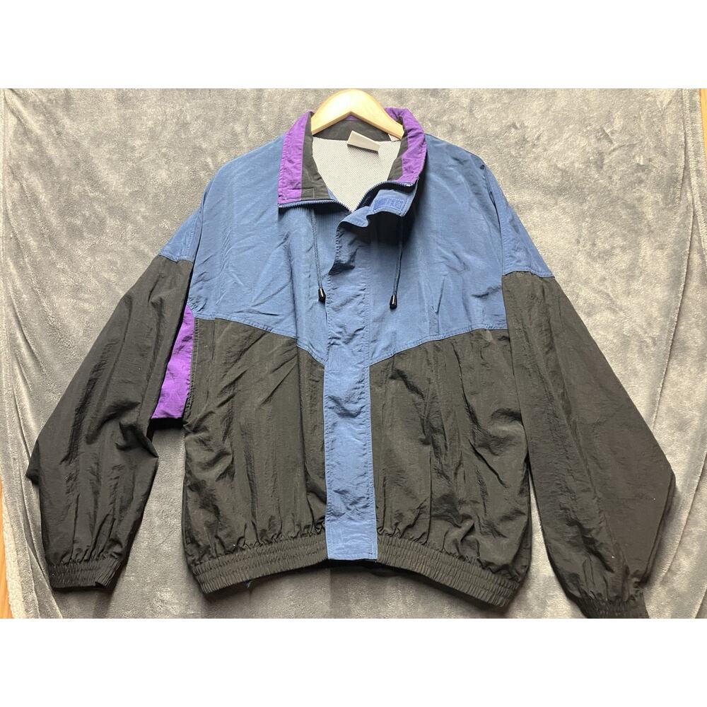 VTG Claybrooke Sport Windbreaker Jacket Mens L Black Blue Colorblock Track 90s